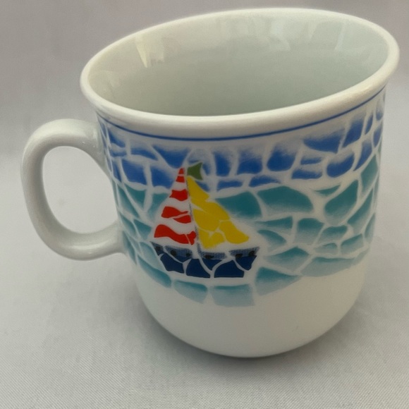 Child Sailboat Lighthouse Dinnerware Set Plate Bowl Mug Blue Nautical Mosaic Rim - Picture 7 of 14